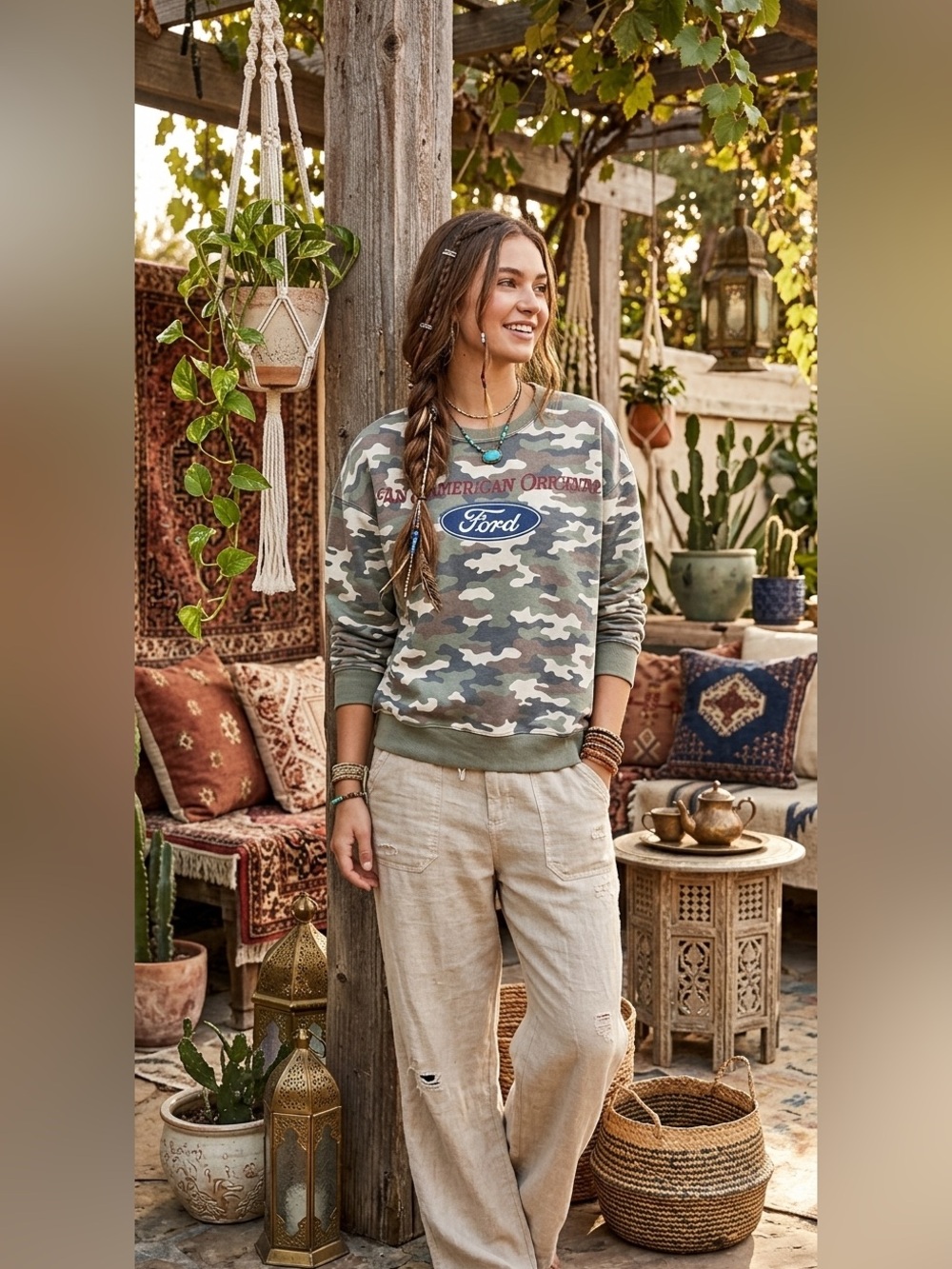 Hybrid Apparel Camouflage Crewneck Sweatshirt - Green, Brown, White